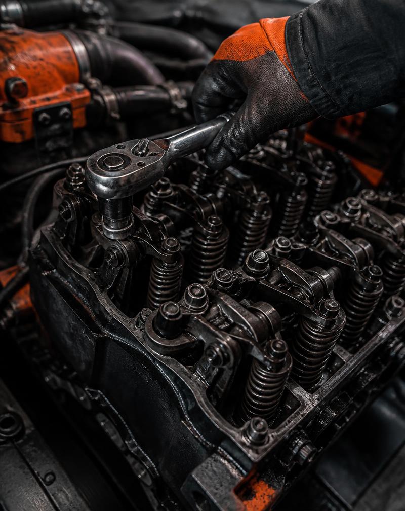 Gloved hand torquing components on an open diesel engine