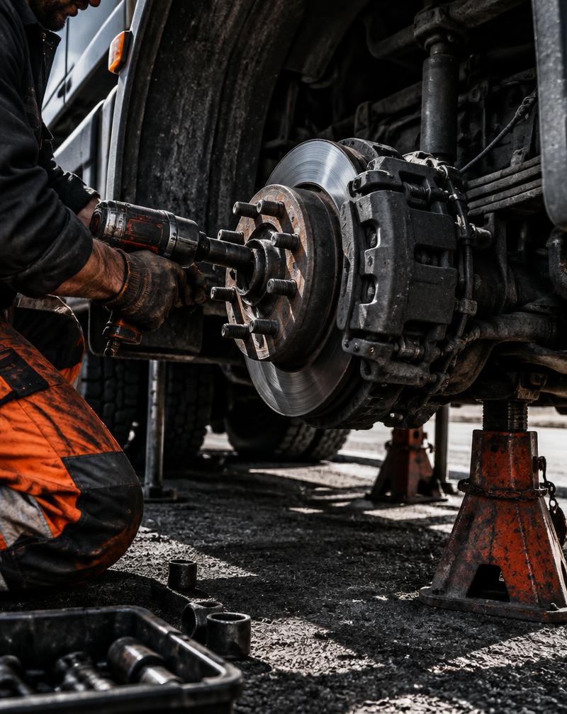 Wheel removed from a work truck showing brake rotor and caliper during an on-site brake repair