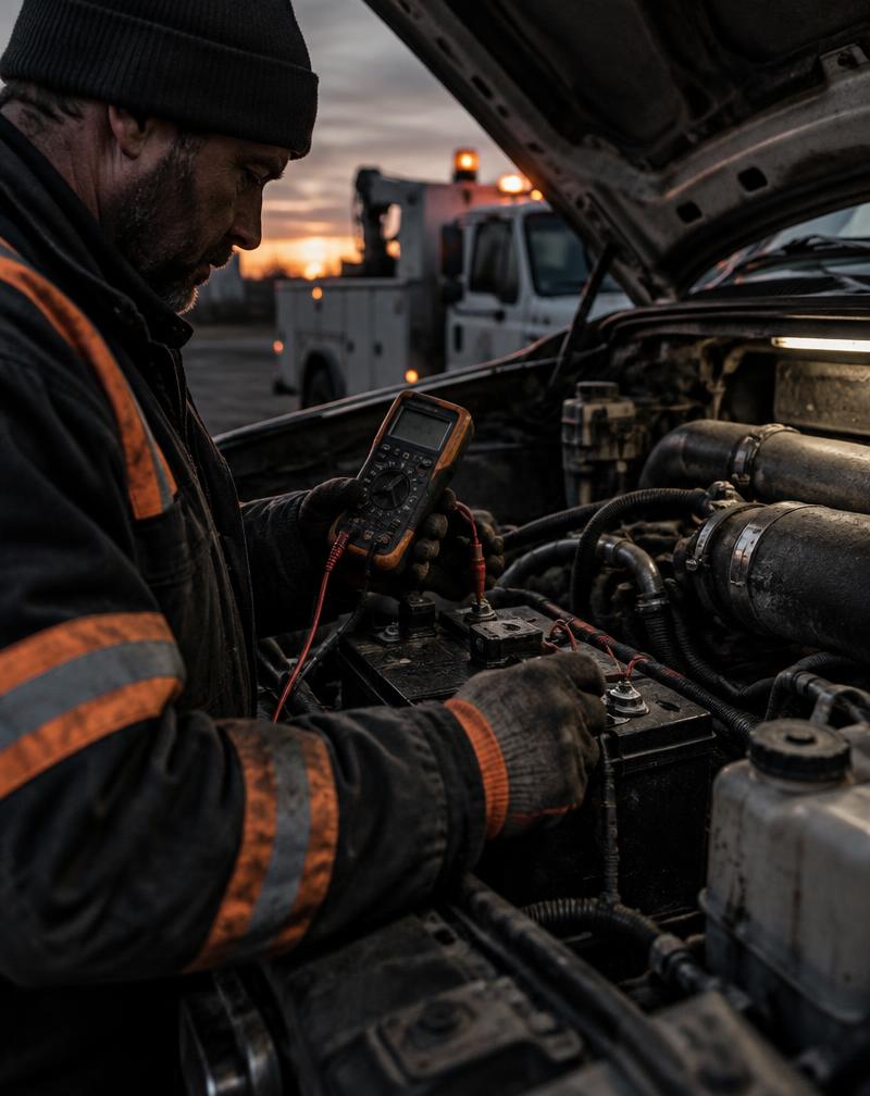 Technician testing battery terminals with a multimeter in a diesel truck engine bay at dusk