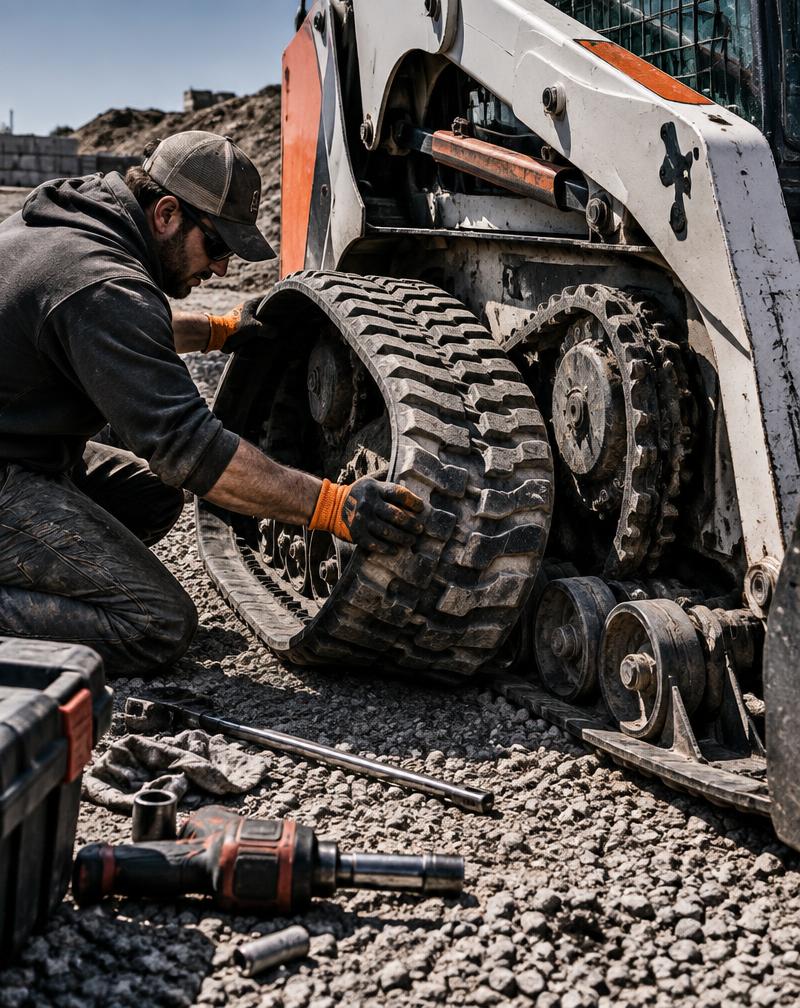 Mechanic replacing the rubber track on a compact track loader at a gravel jobsite